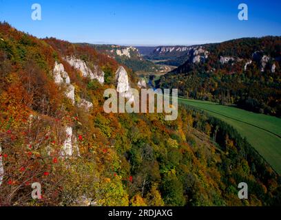 Blick von Eichfelsen, Donautal, Irndorf, Naturpark Obere Donau Stockfoto