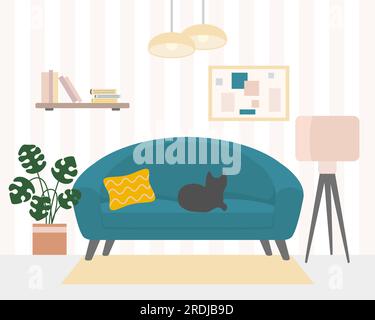 Wohnzimmereinrichtung mit Sofa, Lampe, Monsterapflanze, Bücherregal und Malerei, Vektorzeichnung Stock Vektor