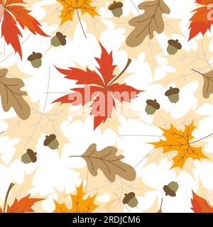 Süßes Nahtmuster mit Herbstblättern für Kinder, Textil und Tapete. Farbenfrohes Herbstmuster mit bunten Elementen auf weißem Hintergrund. Stock Vektor