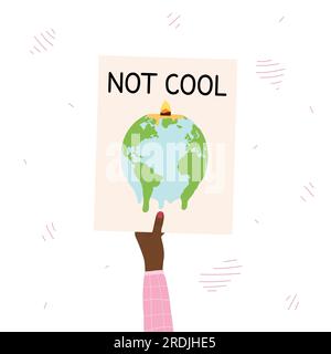 Kein cooles Poster mit schmelzender Erde in Kerzenform mit Feuer auf Plakat in weiblicher schwarzer Hand. Globale Erwärmung und Klimawandel. Umweltschutz Stock Vektor