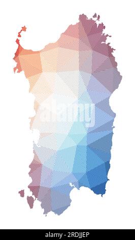Karte von Sardinien. Niedrige Poly-Darstellung der Insel. Geometrisches Design mit Streifen. Technologie, Internet, Netzwerkkonzept. Vektordarstellung. Stock Vektor