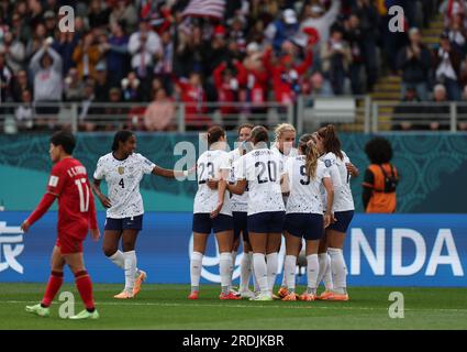 Auckland, Neuseeland. 22. Juli 2023. Die Spieler der Vereinigten Staaten feiern während des Spiels der Gruppe E zwischen den Vereinigten Staaten und Vietnam bei der FIFA Women's World Cup in Auckland, Neuseeland, am 22. Juli 2023. Kredit: Qin Lang/Xinhua/Alamy Live News Stockfoto