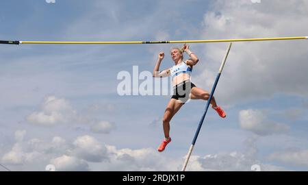 Düsseldorf, Deutschland. 06. Juli 2023. firo: 6. Juli 2023, 18 verschiedene Sportarten, das Finale 2023 Rhein-Ruhr, Leichtathletik, Frauen Stabhochsprung, DM, Deutsche Meisterschaft 2023, Gewinner Anjuli KNASCHE/dpa/Alamy Live News Stockfoto