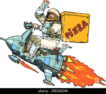 Hochwertige und sichere Lieferung an alle Orte der Welt. Der Astronaut fliegt auf einem Raumschiff und liefert Pizza. Pop Art Retro Stock Vektor