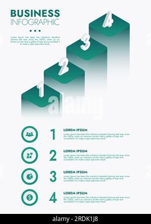 Infografik-Vorlage für Präsentationen und Funktionen Datenvisualisierung umfasst ein Prozessdiagramm mit Diagrammen, Schritten und Optionen. Stockfoto