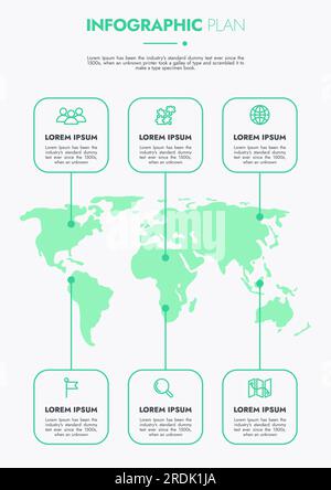 Infografik-Vorlage für Präsentationen und Funktionen Datenvisualisierung umfasst ein Prozessdiagramm mit Diagrammen, Schritten und Optionen. Stockfoto