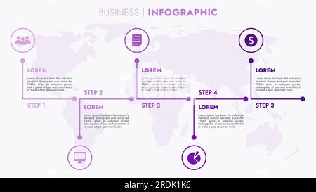 Infografik-Vorlage für Präsentationen und Funktionen Datenvisualisierung umfasst ein Prozessdiagramm mit Diagrammen, Schritten und Optionen. Stockfoto