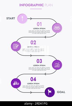 Infografik-Vorlage für Präsentationen und Funktionen Datenvisualisierung umfasst ein Prozessdiagramm mit Diagrammen, Schritten und Optionen. Stockfoto