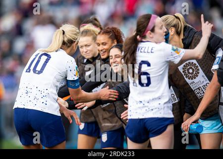 Auckland, Auckland, Neuseeland. 22. Juli 2023. Die US-Mittelfeldspielerin LINDSEY HORAN #10 feiert ihr Tor in der zweiten Hälfte des FIFA WomenÃs -Weltmeisterschaftsspiels Gruppe E 2023 gegen Vietnam im Eden Park Stadium in Auckland, Neuseeland, Die Vereinigten Staaten gewannen das Spiel mit einem Ergebnis von 3 bis 0. (Kreditbild: © Ira L. Black/ZUMA Press Wire) NUR REDAKTIONELLE VERWENDUNG! Nicht für den kommerziellen GEBRAUCH! Stockfoto