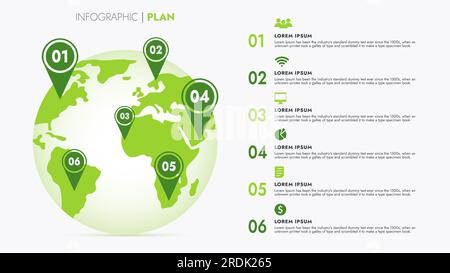 Infografik-Vorlage für Präsentationen und Funktionen Datenvisualisierung umfasst ein Prozessdiagramm mit Diagrammen, Schritten und Optionen. Stockfoto