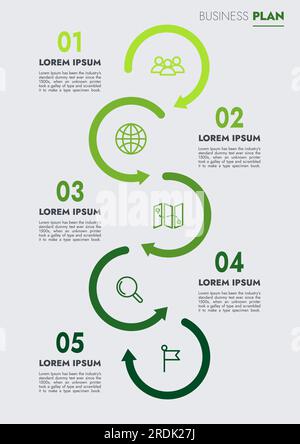 Infografik-Vorlage für Präsentationen und Funktionen Datenvisualisierung umfasst ein Prozessdiagramm mit Diagrammen, Schritten und Optionen. Stockfoto