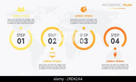 Infografik-Vorlage für Präsentationen und Funktionen Datenvisualisierung umfasst ein Prozessdiagramm mit Diagrammen, Schritten und Optionen. Stockfoto