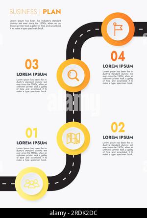 Infografik-Vorlage für Präsentationen und Funktionen Datenvisualisierung umfasst ein Prozessdiagramm mit Diagrammen, Schritten und Optionen. Stockfoto