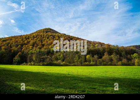 Deutschland, farbenfrohe Herbststimmung Waldbäume Naturlandschaft Wiesen Berg in Bad urach nahe Wasserfall mit blauem Himmel und Sonne Stockfoto