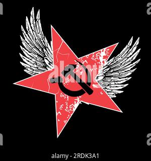T-Shirt-Design eines geflügelten roten Sterns mit dem Symbol des Kommunismus. Vektordarstellung eines Hammers und einer Sichel für Aufkleber. Stock Vektor