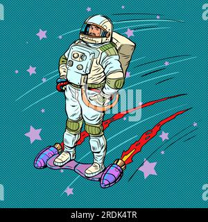 Unglaubliche Bewegungsgeschwindigkeit. Die Technologien der Zukunft rücken näher. Der Astronaut bewegt sich auf einem Jetboard durch den Weltraum. Pop Art Retro Stock Vektor