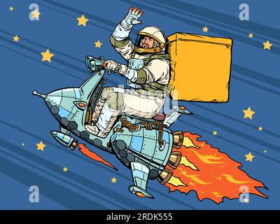 Hochwertige und sichere Lieferung an alle Orte der Welt. Der Astronaut fliegt auf einem Raumschiff und trägt eine Lieferung. Pop Art Retro Stock Vektor