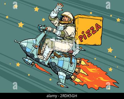 Hochwertige und sichere Lieferung an alle Orte der Welt. Der Astronaut fliegt auf einem Raumschiff und liefert Pizza. Pop Art Retro Stock Vektor