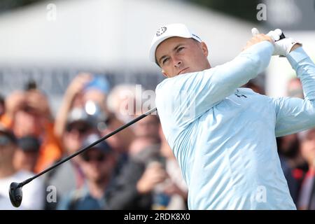 Wirral, England, am 21. Juli 2023. Jordan Spieth der USA am 2. Tag der British Open Golf Championship 2023 im Royal Liverpool Golf Club in Wirral, England, am 21. Juli 2023. Kredit: Koji Aoki/AFLO SPORT/Alamy Live News Stockfoto