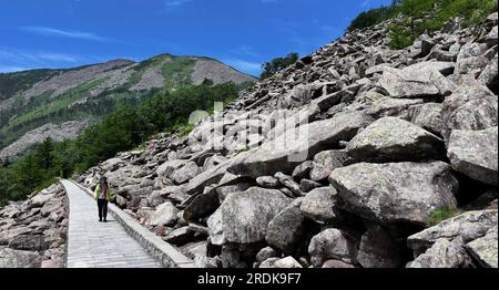 XI'an. 21. Juli 2023. Dieses Luftfoto wurde am 21. Juli 2023 aufgenommen und zeigt einen Besucher, der das Felsenmeer im Zhuque National Forest Park in Xi'an, der Provinz Shaanxi im Nordwesten Chinas, passiert. Der Park, der sich im oberen Bereich des Flusses Ost-Laohe und im Norden des Qinling-Gebirges befindet, erstreckt sich über eine Fläche von 2.621 Hektar, und der höchste Punkt des Bingjing-Gipfels hat eine Höhe von 3.015 Metern. Atemberaubende Landschaften wie unberührte Wälder, Gletscherreste und Wolkensee können Sie entlang der Straße zum Gipfel sehen. Kredit: Liu Xiao/Xinhua/Alamy Live News Stockfoto