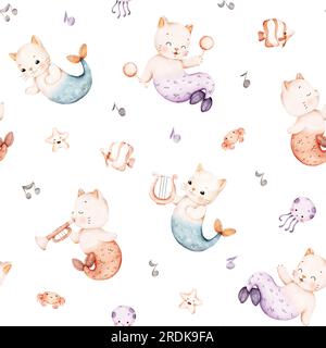 Nahtloses Babymuster mit süßen Katzen Meerjungfrau, Musikinstrumenten, Meeresbewohnern. Handgezeichnetes Aquarelldesign. Perfekt für Stoff, Textil, Pack Stockfoto