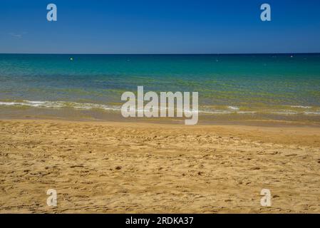 Platja Llarga (langer Strand) in Salou, an der Costa Daurada Küste, im Sommer mit einigen Badenden (Tarragona, Katalonien, Spanien) Stockfoto