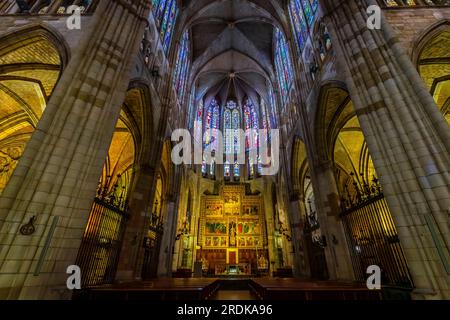 Zentrales Schiff der Kathedrale Santa María de Regla Leon. Die Kathedrale von León aus dem 10. Jahrhundert, als der König von León Ordoño II. Die erste Kathedrale errichtet hat Stockfoto