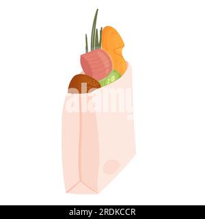 Umweltfreundliche Papiertüte mit Lebensmitteln. Einkaufen von Lebensmitteln in einem umweltfreundlichen Sack, Vektorbild für Lebensmittel Stock Vektor