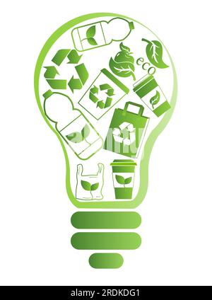 Die Glühbirne ist mit Symbolen gefüllt, die für Ökologie und Umweltfreundlichkeit, Recycling und bewussten Verbrauch, einen umweltfreundlichen Planeten stehen. Vektordarstellung auf Weiß Stock Vektor