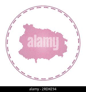 Rundes Ischia-Logo. Digitale Form von Ischia im gepunkteten Kreis mit Inselnamen. Techniksymbol der Insel mit graduierten Punkten. Stock Vektor