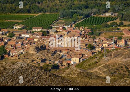 Die Stadt Torrente de Cinca und ihre landwirtschaftliche Umgebung aus Sicht des Eremitage-Klosters San Salvador (Aragon, Spanien) Stockfoto