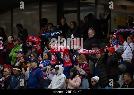 Auckland, Neuseeland. 22. Juli 2023. Auckland, Neuseeland, Juli 22. 2023: Fans der USA werden während des Fußballspiels der FIFA Womens World Cup 2023 zwischen den USA und Vietnam im Eden Park in Auckland, Neuseeland, gesehen. (Ane Frosaker/SPP) Kredit: SPP Sport Press Photo. Alamy Live News Stockfoto