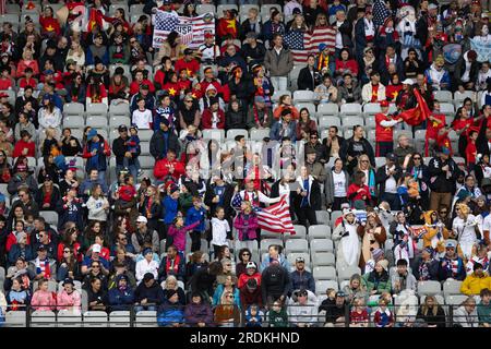 Auckland, Neuseeland. 22. Juli 2023. Auckland, Neuseeland, Juli 22. 2023: Fans der USA werden während des Fußballspiels der FIFA Womens World Cup 2023 zwischen den USA und Vietnam im Eden Park in Auckland, Neuseeland, gesehen. (Ane Frosaker/SPP) Kredit: SPP Sport Press Photo. Alamy Live News Stockfoto