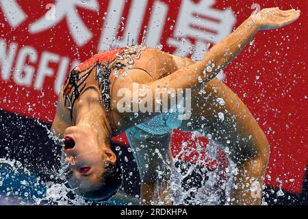 Fukuoka, Japan. 22. Juli 2023. Voranan Toomchay und Kantinan Adisaisributr aus Thailand treten während der Aquatics World Championships 20. in der Marine Messe Hall A in Fukuoka (Japan) am 22. Juli 2023 im Mixed Duet Free Final an. Kredit: Insidefoto di andrea staccioli/Alamy Live News Stockfoto