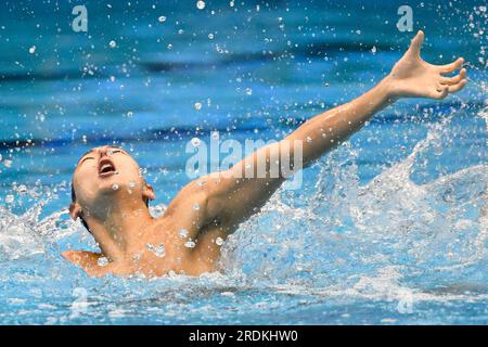 Fukuoka, Japan. 22. Juli 2023. Eduard Kim und Nargiza Bolatova aus Kasachstan treten am 22. Juli 2023 bei den Aquatics World Championships 20. im Mixed Duet Free Finale in der Marine Messe Hall A in Fukuoka (Japan) gegeneinander an. Kredit: Insidefoto di andrea staccioli/Alamy Live News Stockfoto