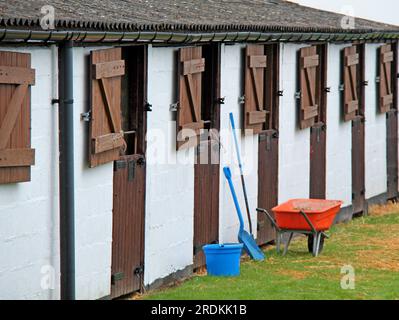 Eine Schubkarre und Werkzeuge zum Ausrotten von Pferdeställen. Stockfoto