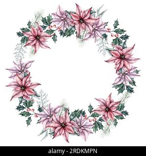 Weihnachtskranz aus roter Poinsettia-Blume, Eukalyptus, staubiger Müller, Ileex, Fichtenzweig, Tanne, Zeder. Rahmen mit botanischem Winterblumen. Handgemalt Stockfoto