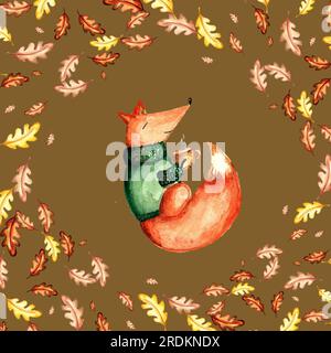Ein Satz von Aquarellelementen. Herbstblätter aus Asche, Ahorn, Eiche. Helle Pilze. Süße, lustige Füchse. Geeignet zum Drucken von Grußkarten, Inv Stockfoto