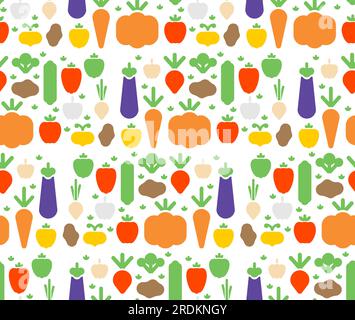 Nahtloses Gemüsemuster. Gemüsehintergrund. Auberginen und Kartoffeln. Kürbis und Rübe. Rettich und Tomate. Knoblauch- und Karottenzeichen Stock Vektor