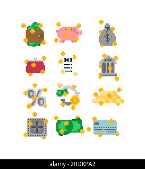 Pixel-Art-Set für Finanzsymbole. 8-Bit-Zeichen für Banking-Anwendung Stock Vektor