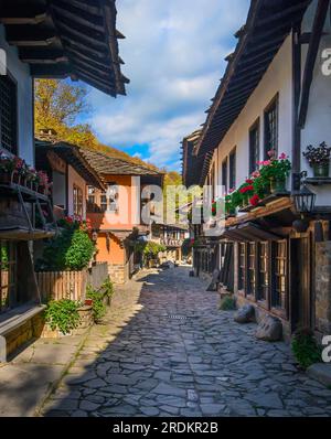 Altes traditionelles bulgarisches Haus im architektonischen Ethnographiekomplex Etar (Etara) in der Nähe der Stadt Gabrovo, Bulgarien. Stockfoto