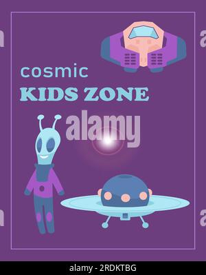 Süßes Spielzeug. Comic-Kids-Zone. Kinderspielplatz mit Raumschiff und Alien. UFO und Shuttle. Zeichentrickfiguren. Futuristisches Spielzimmer. Geburtstagsparty-Unterhaltung. Babys machen Spaß. Vektorbanner-Design Stock Vektor