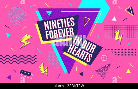 90s Retro-Poster. Einladung zur Musikparty, 90 oder 80s geometrische POP-Elemente, klassische Modetexturen, mtv-Kunst. Hüftslip mit farbenfrohem Hintergrund. Einfaches grafisches Cover, moderne Collage. Vektorgrafik Stock Vektor