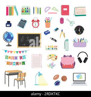 Set mit 40 Elementen für das Back-to-School-Konzept. Schule bietet flache Vektordarstellung in Farbe isoliert auf weißem Hintergrund. Stock Vektor