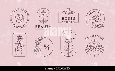 Rosenlogo. Linienblumen, magisches Logo, handgehaltene Blume, minimalistisches Nagelzeichen, Hüftgürtel, Shop- oder Spa-Girly-Symbol. Botanische Sammlung. Minimalistisch-lineare Vektorsymbole festgelegt Stock Vektor
