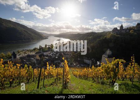 Bacharach-Antenne mit Panoramablick. Bacharach ist eine Kleinstadt im Rheintal im Herbst in den Weinbergen von Rheinland-Pfalz Stockfoto