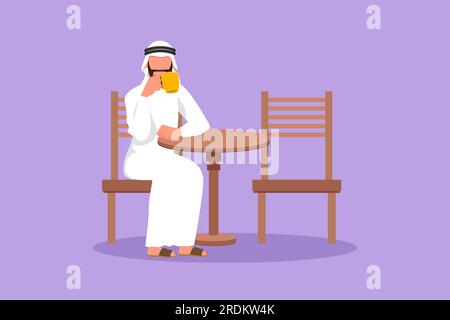 Der flache Cartoon zieht einen jungen arabischen Geschäftsmann an, der sich am Tisch entspannt und heißen Kaffee im Restaurant trinkt. Frühstück am Morgen Stockfoto