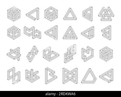 Geometrische Formen. Unmögliche 3D-Symbole. Linienmusterobjekte. Hipster-Tattoo-Zeichen. Optische Täuschung. Abstrakte unendliche Runden und geschleifte Quadrate. Das Penrose-Dreieck. Moderne Symbole für Vektoren Stock Vektor