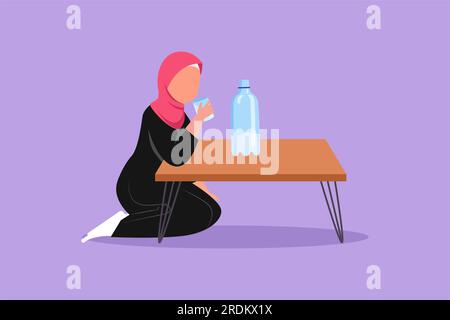 Flaches, grafisches Design, in dem ein kleines arabisches Mädchen sitzt und ein Glas Milch trinkt. Eine Flasche Milch auf dem Tisch, ein Glas gesundes Getränk in Kinderhaltung. Foo Stockfoto