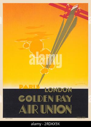 Paris, London. Goldener Strahl. Air Union von Edmond Maurus (1903-1977). Poster wurde 1927 in Frankreich veröffentlicht. Stockfoto